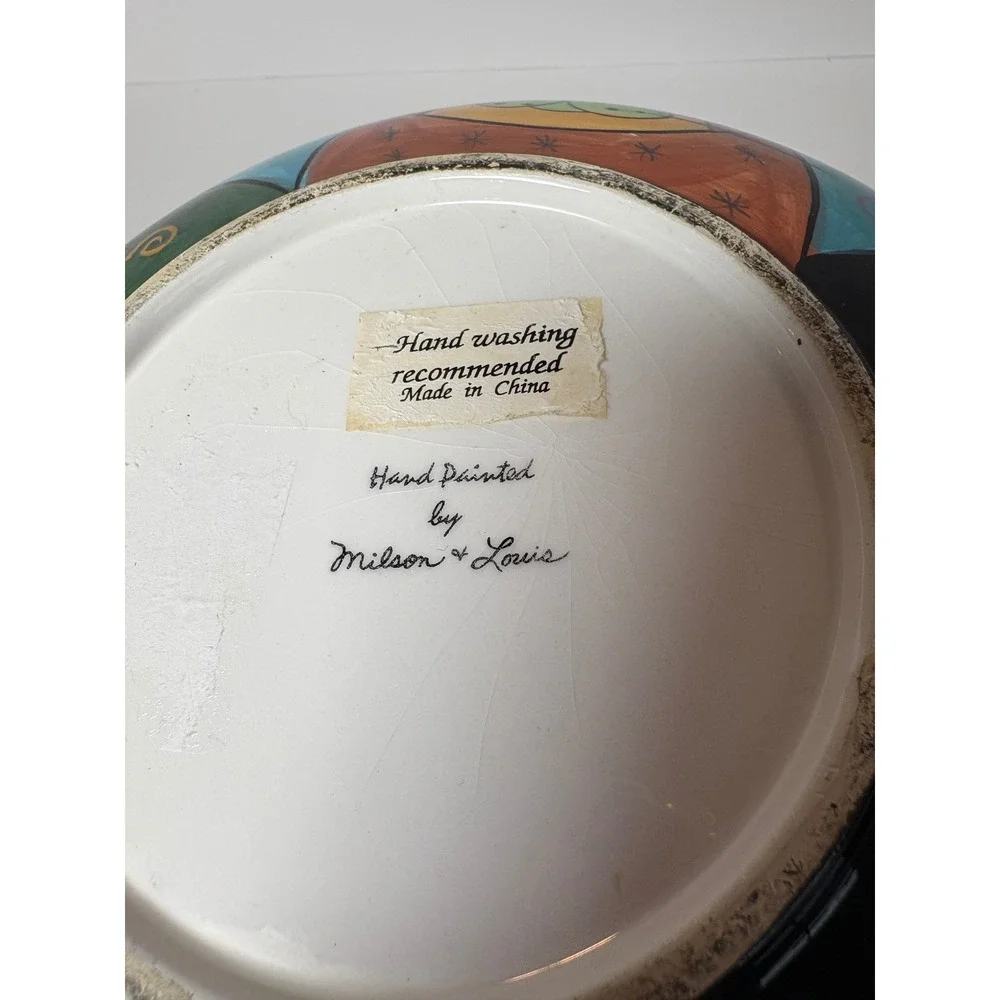 Whimsical Hand Painted by Milson & Louis Ceramic Bowl Turquoise Checkered Rim